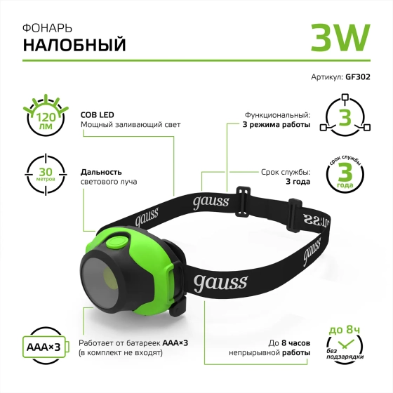 Фонарь светодиодный налобный 3 Вт Gauss GFL GF302