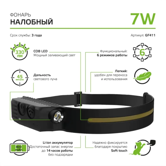 Фонарь светодиодный налобный 7 Вт Gauss GFL GF411