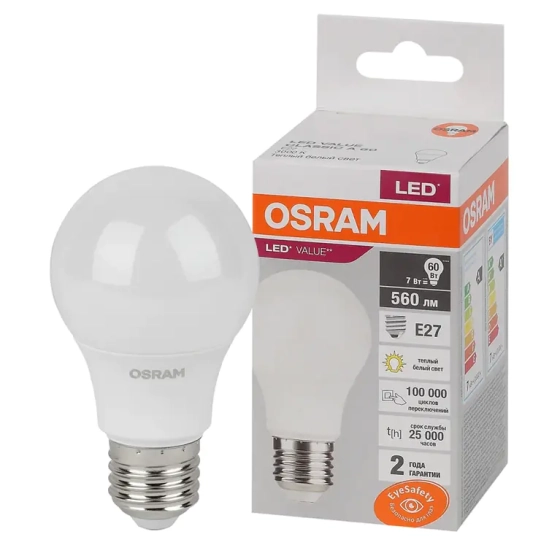 Светодиодная лампа OSRAM 7Вт Е27 3000К теплый белый свет
