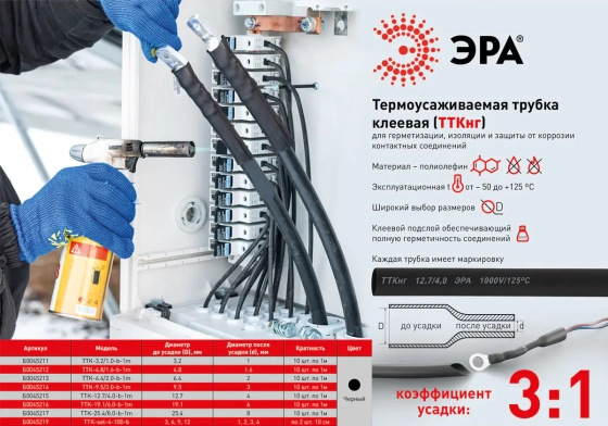 Набор термоусадочных трубок клеевых ТТКнг (3:1). 3-12 мм. 8 шт. ЭРА ТТК-set-4-100-b. Китай.