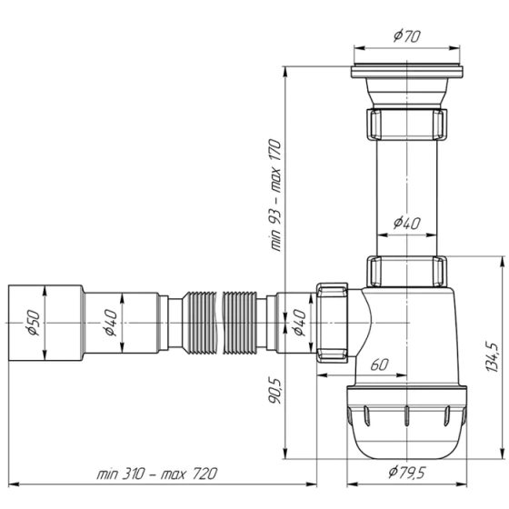 Сифон для мойки 1 1/2"х40 с гибкой трубой 40х40/50 мм АНИ Грот A0115