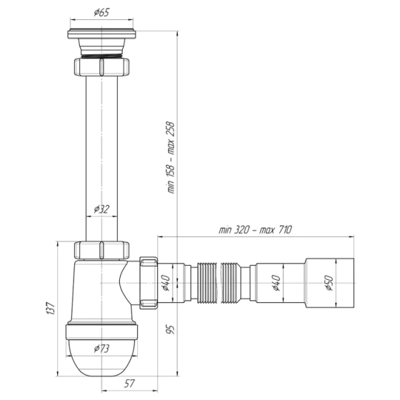 Сифон д/умывальника 1 1/4"х40 с гибкой трубой 40х40/50 мм АНИ Грот C1015