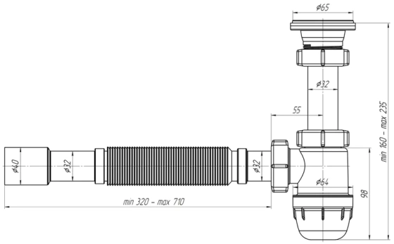 Сифон д/умывальника 1 1/4"х32 с гибкой трубой 32х32/40 мм АНИ Юнг BM1015