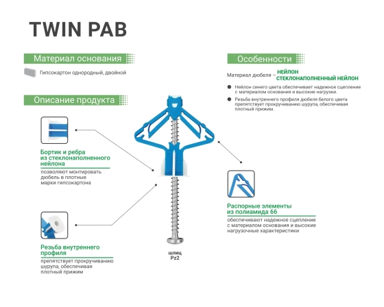 Дюбель-бабочка TWIN PAB 10х50 нейлон с шурупом ЕКТ (4 шт)
B010204