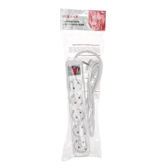 Удлинитель 1,5 м 5 розеток с/з Rexant Standart 13-4031 (белый)