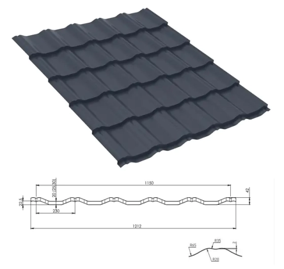 Модульная металлочерепица "Вилейская волна" 0,45 мм, RAL8017