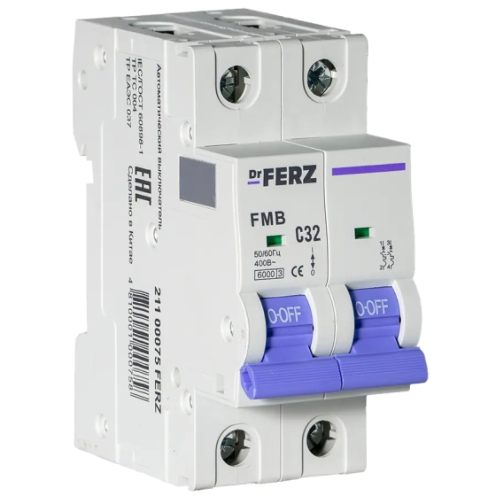 Автоматический выключатель DrFERZ FMB-C 6kA 2P 32A тип С (00075)