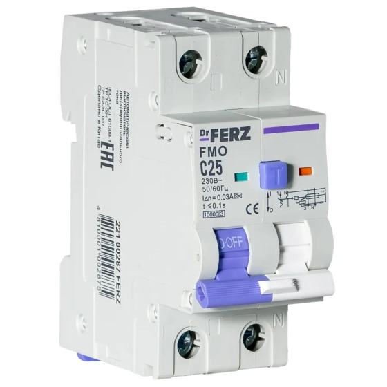 Дифавтомат DrFERZ FMO-EM-1P+N 10kA 25A/30mA тип А (00287)