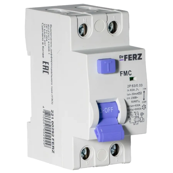 Устройство защитного отключения (УЗО) DrFERZ FMC-1P+N 63A 30mA 6kA тип AC (00292)