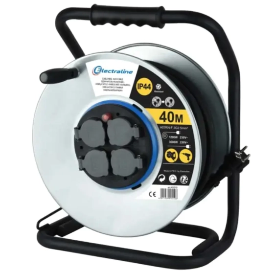 Удлинитель на катушке 40 м. 4 розетки с/з. Electraline 49210. Китай.