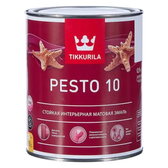 Эмаль для дерева и металла TIKKURILA Pesto 10 База A матовая. 0,9 л. РФ.