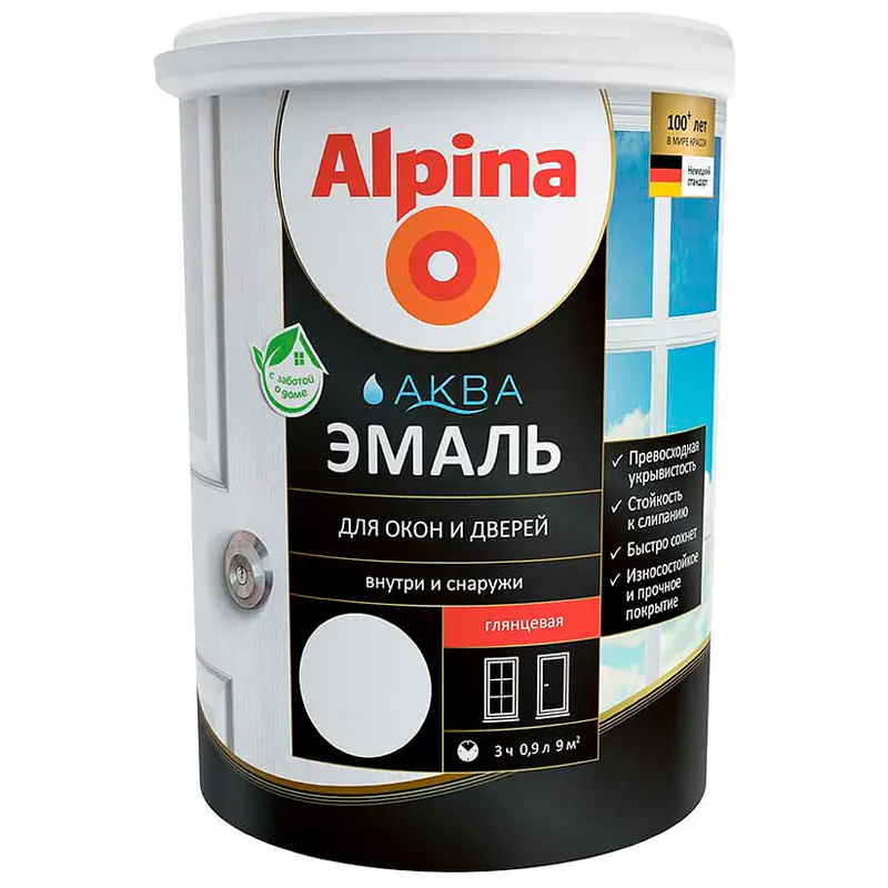 Эмаль Alpina Аква для окон и дверей. Белая. 0,9 л. РБ.