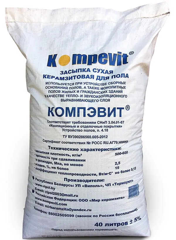 Засыпка сухая керамзитовая для пола Компэвит. 40 л. РФ.