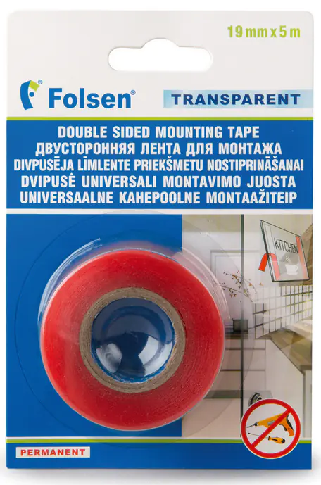 Двусторонняя PET лента Folsen 19мм х 5м в инд. упаковке, прозрачная. Малайзия.